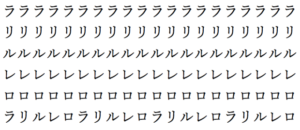 Japanese Katakana ra-ri-ru-re-ro practice writing
